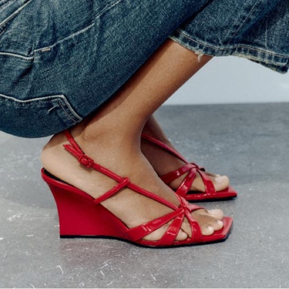 Zara Red Strappy Wedge Sandals